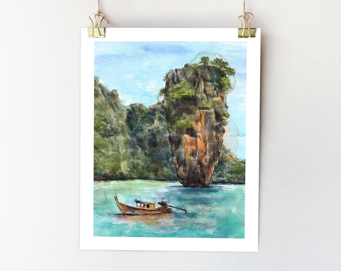 Phuket Thailand Limestone Sea Cliffs Watercolor Travel Poster