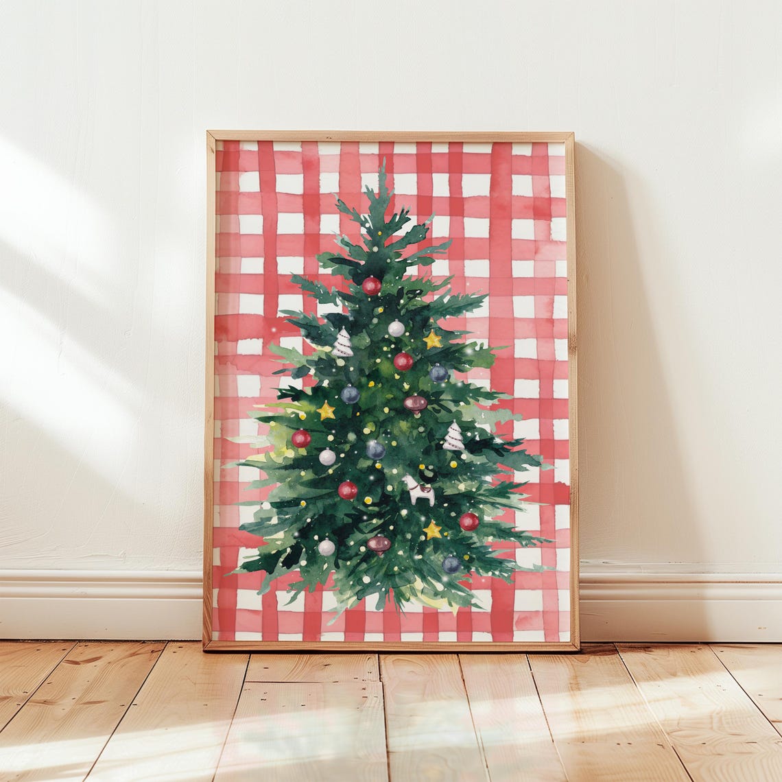 Watercolor Christmas Tree With Ornaments On Red Gingham Wall Art