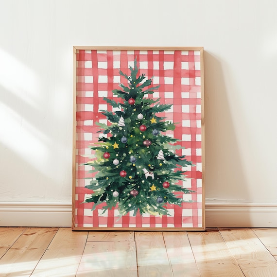 Watercolor Christmas Tree With Ornaments On Red Gingham Wall Art