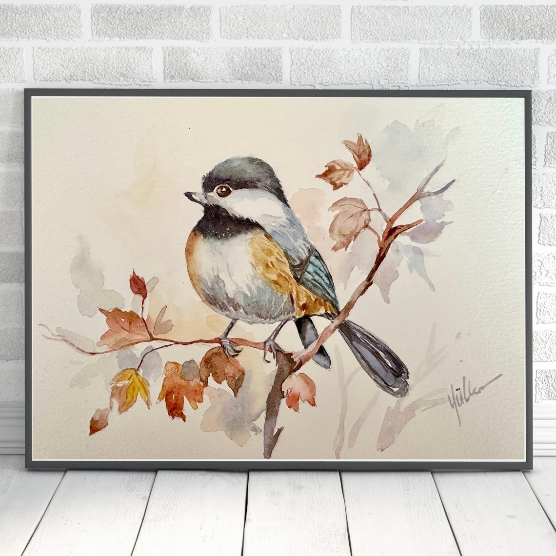 Chickadee Bird Perched on Autumn Branch Watercolor Painting Poster - Image 5