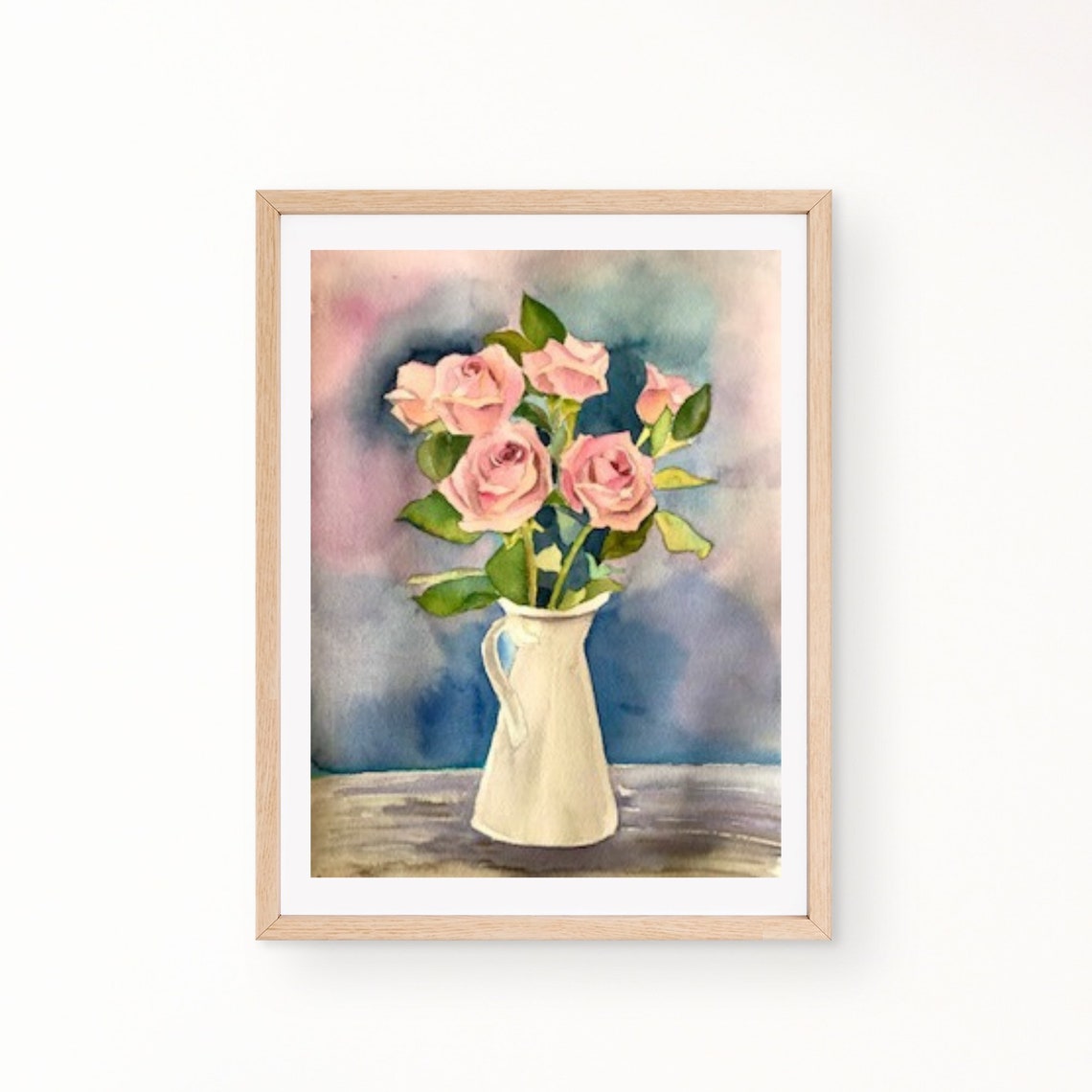 Pink Roses in a White Pitcher in a Watercolor Still Life Poster