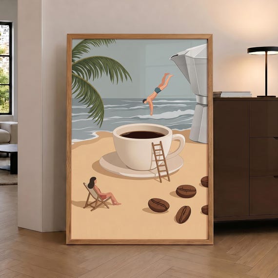 Coffee Beach Print Espresso Wall Art Trendy Kitchen Poster Lover Prints Good Morning Optional Frame