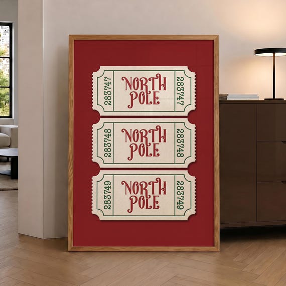 North Pole Ticket Prints Trendy Christmas Poster Vintage Holiday Print Red Xmas Wall Art Funky Retro Optional Frame