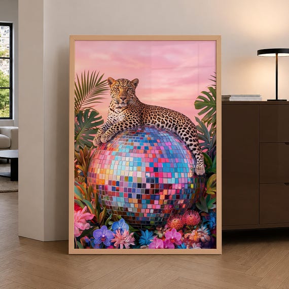 Leopard On Disco Ball Poster Jungle Print Vibrant Maximalist Prints Wall Art Decor Optional Frame