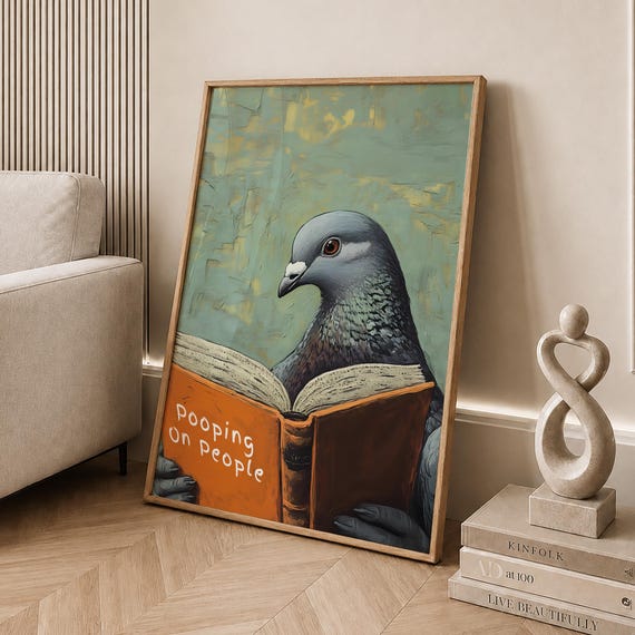 Funny Bathroom Print Humorous Prints Wall Decor Toilet Art Pigeon Pooping On People Book Poster Digital File