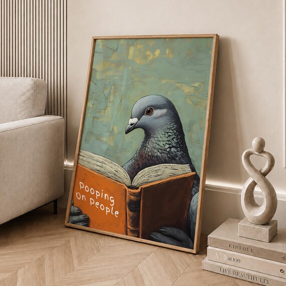 Pigeon Reading Book Pooping On People Funny Bird Bathroom Poster