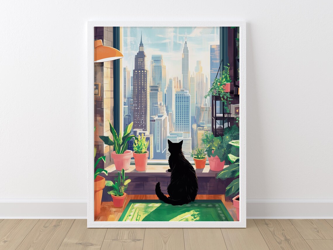 Black Cat in New York, Colorful Manhattan Art Print - Image 2