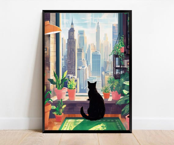 Black Cat in New York, Colorful Manhattan Art Print