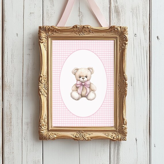 Pink Gingham Teddy Bear Nursery Wall Art Vintage Bow Bear Girl Artwork