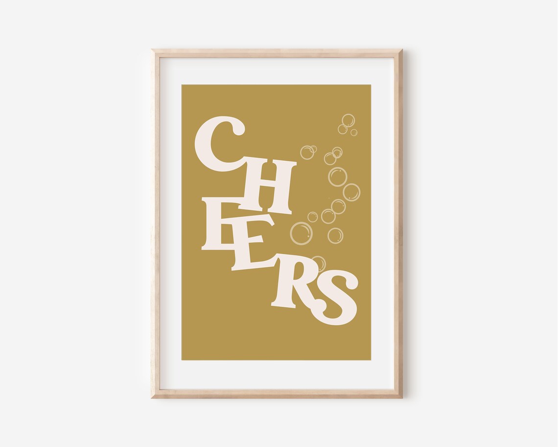 Cheers Retro Typography Print Mustard Gold Bar Cart Party Wall Art - Image 2
