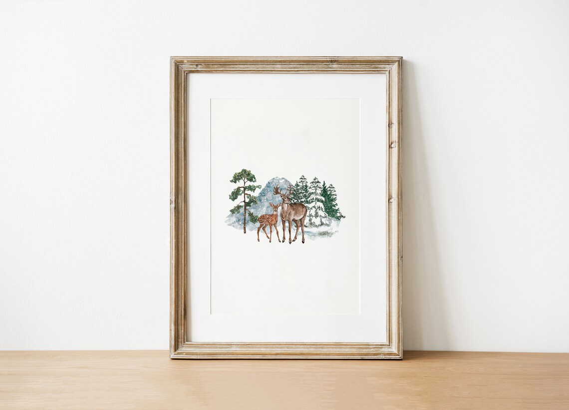 Watercolor Deer Buck Fawn Snowy Pines Winter Christmas Animal Print - Image 2
