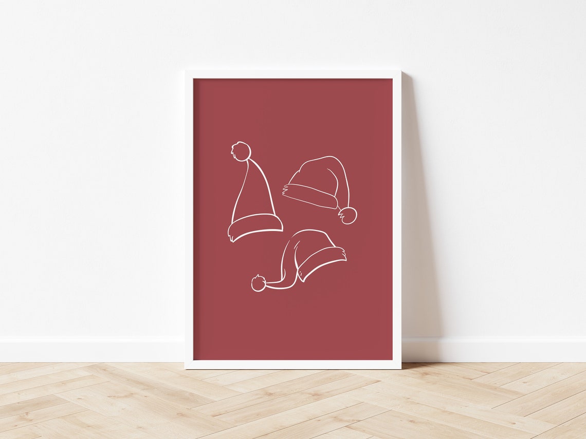 Santa Hats Line Art Print White On Red Minimal Modern Christmas Poster - Image 3