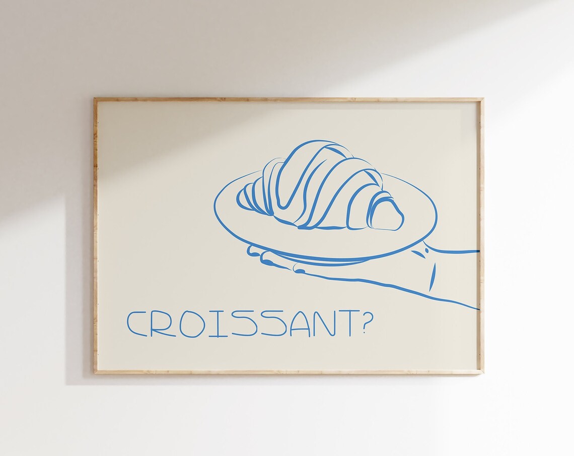 Croissant Poster Vintage Food Print Trendy Horizontal Kitchen Wall Art Retro Print Croissant Art Print French Food Print Art Blue