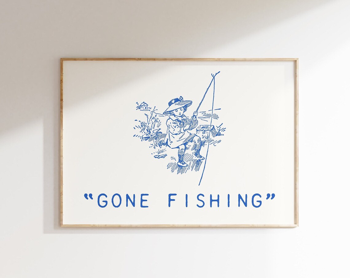 Gone Fishing Vintage Boy Fishing Blue Illustration Quote Poster - Image 3