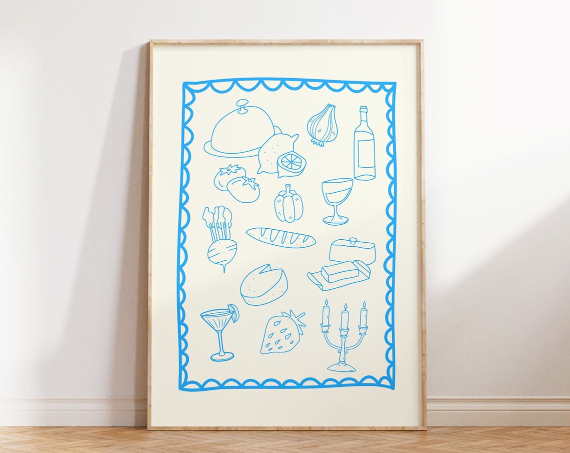 Blue Line Art Dinner Party Icons Scalloped Border Kitchen Poster