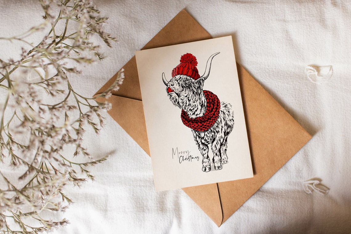 Merry Christmas Highland Cow Festive Greeting Card Print With Envelope