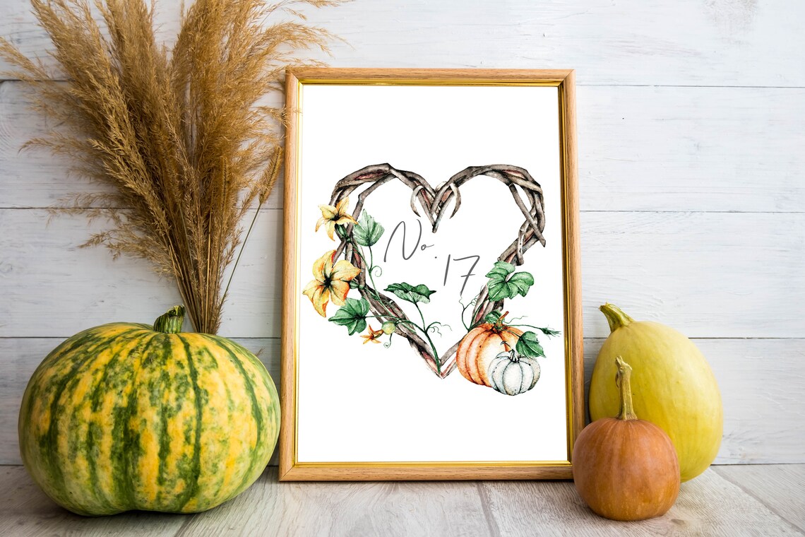 No.17 Twig Heart Wreath Watercolor Autumn Personalised Number Print