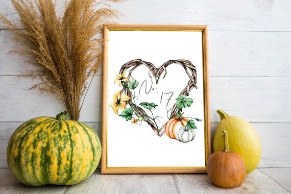 No.17 Twig Heart Wreath Watercolor Autumn Personalised Number Print