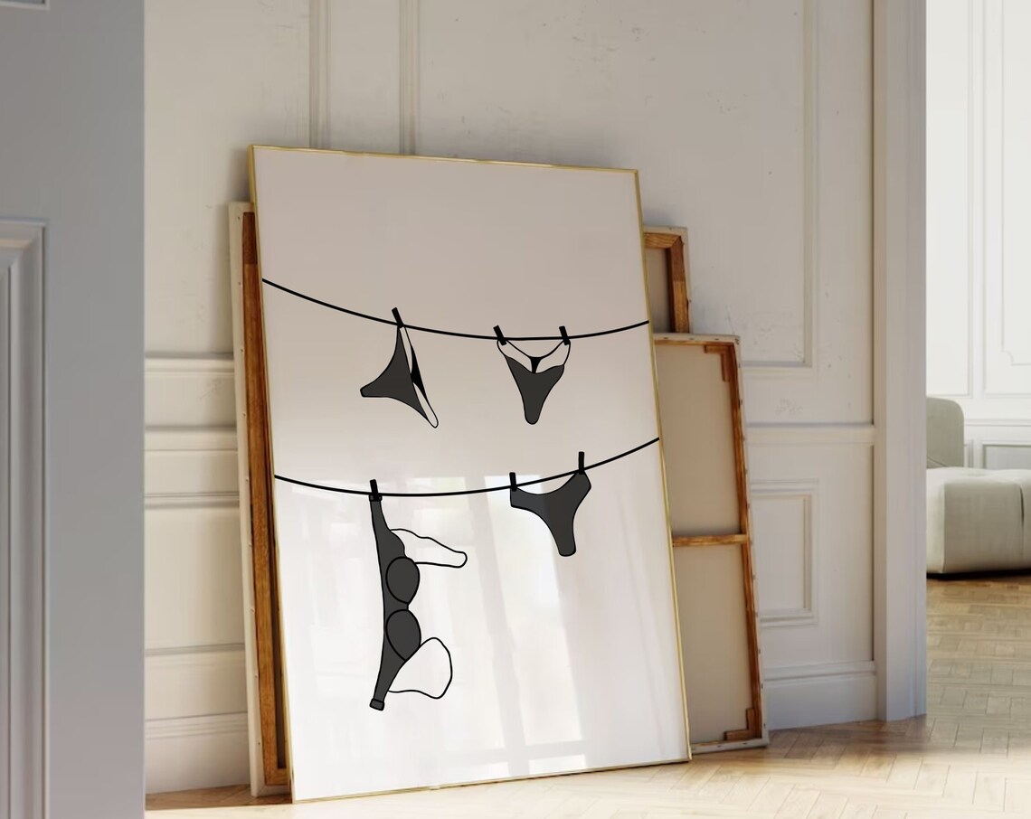 Black Bikinis On Clothesline Minimal Line Art Summer Decor Poster