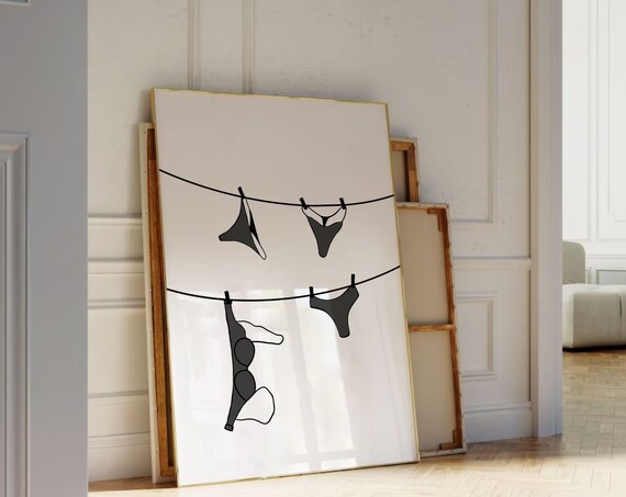 Black Bikinis On Clothesline Minimal Line Art Summer Decor Poster