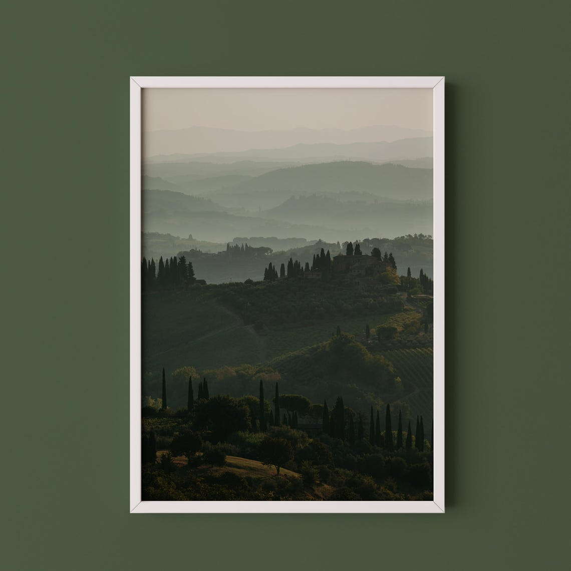 Misty Tuscan Hills Dawn Cypress Trees Layered Landscape Photo Print
