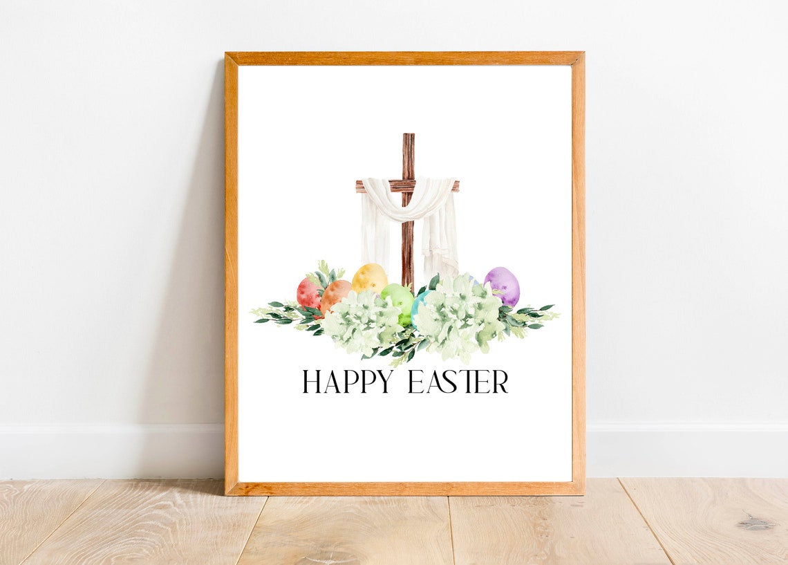 Happy Easter Cross With White Drape Hydrangea Watercolor Poster - Image 5