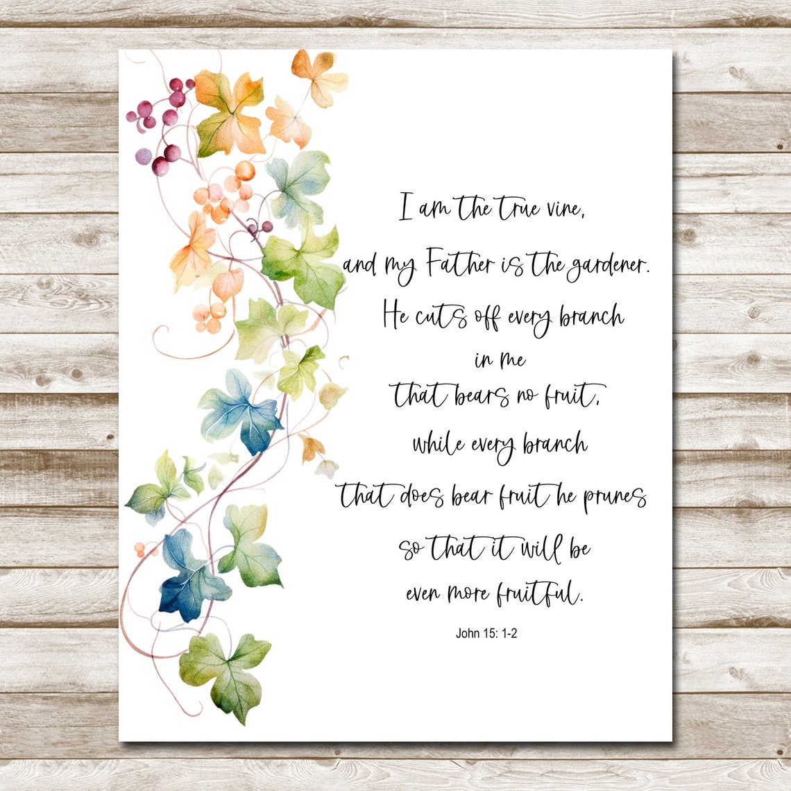 I Am the True Vine John 15 Bible Verse Watercolor Leaf Vine Poster - Image 4