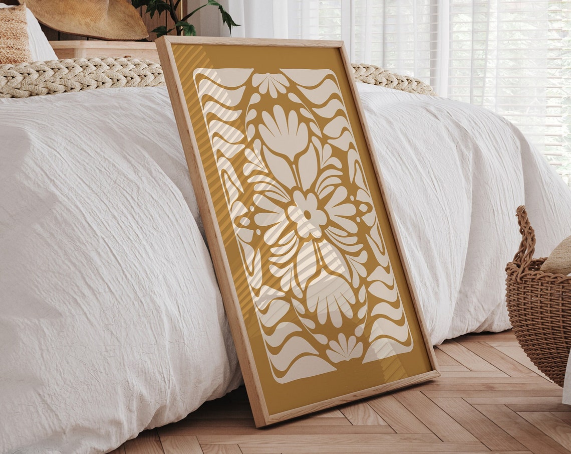 Mustard Yellow Boho Botanical Floral Ornamental Art Print Retro Style