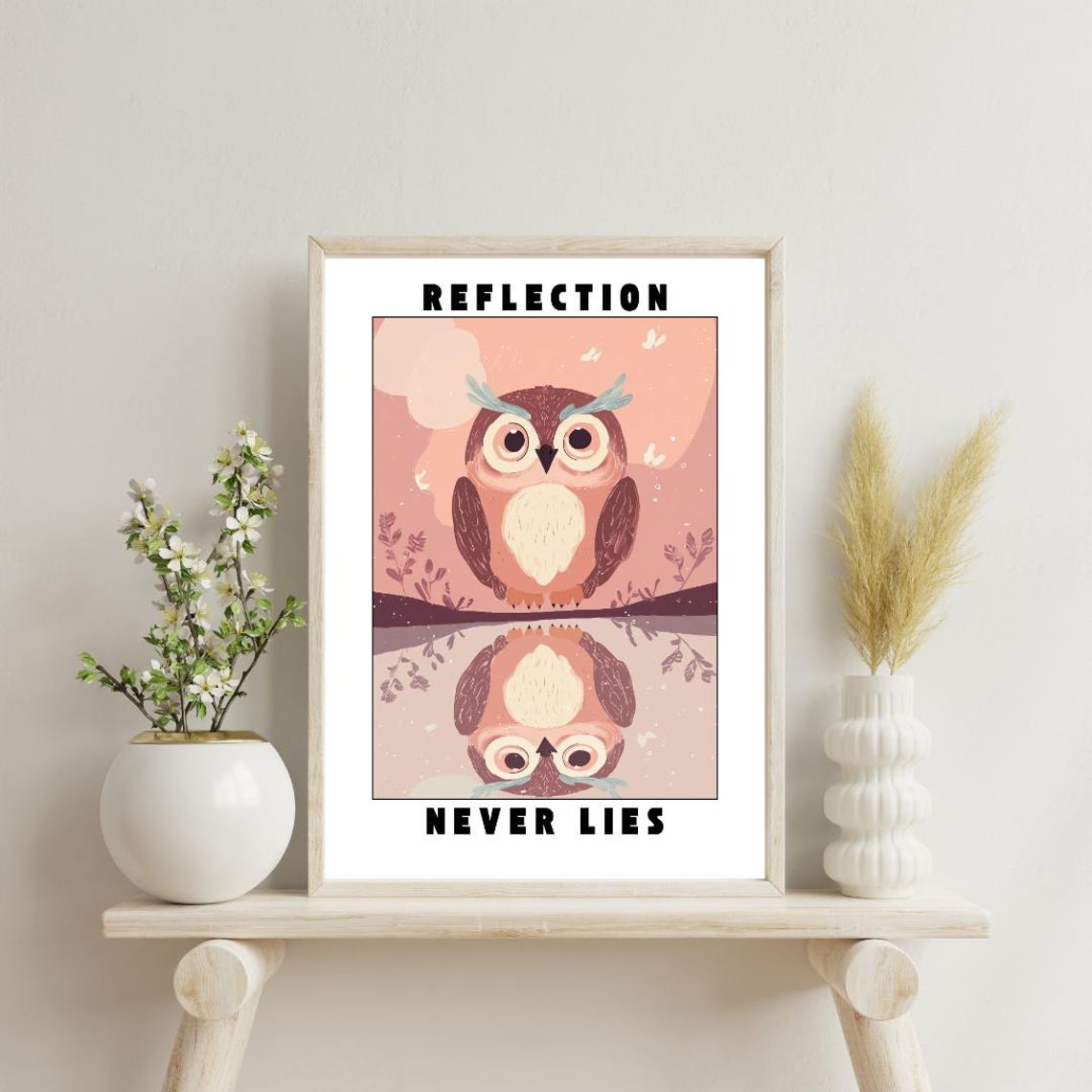Reflection Never Lies Cute Owl Reflection Quote Pink Nursery Poster