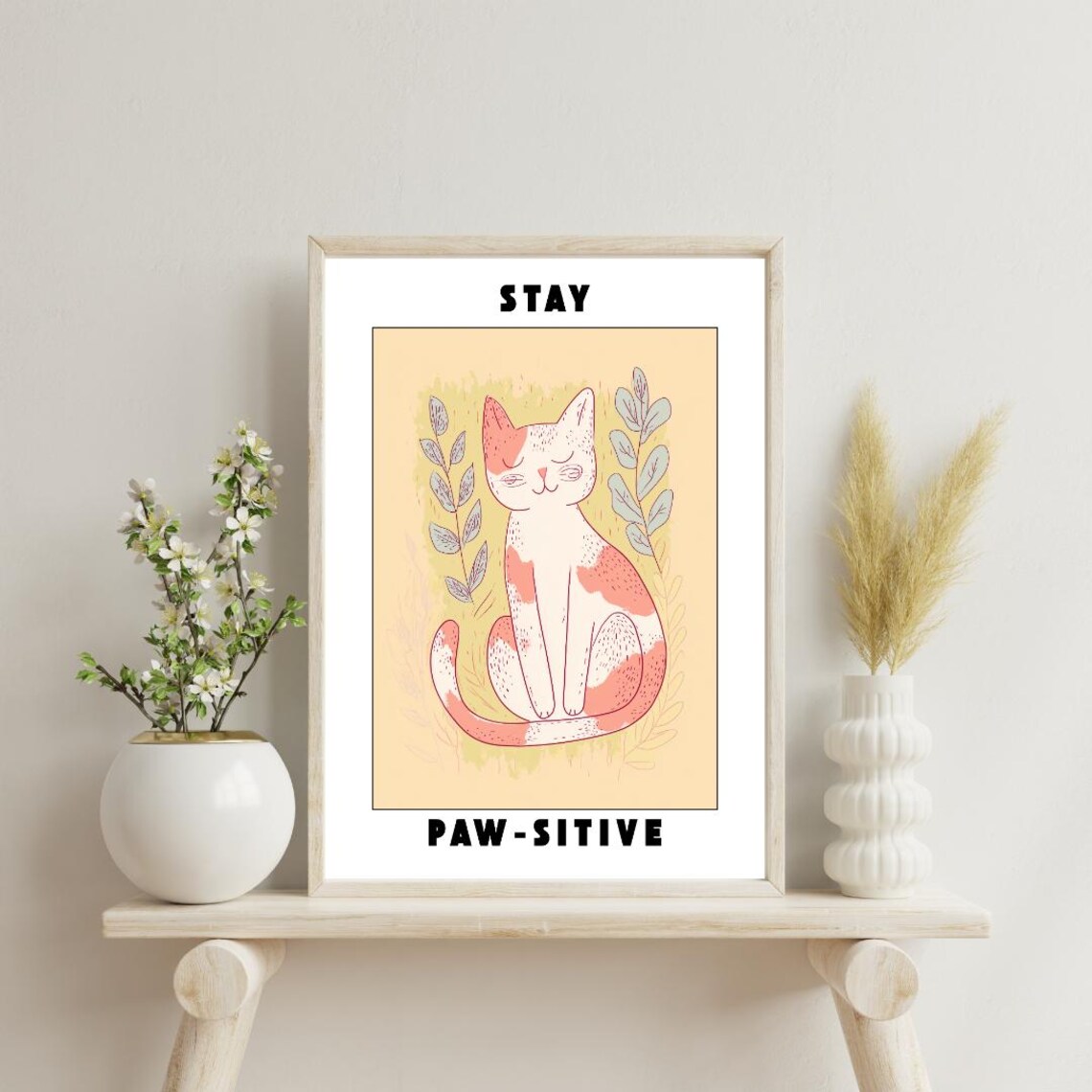 Stay Paw Sitive Sweet Pink Cat Sitting Positive Quote Nursery Poster
