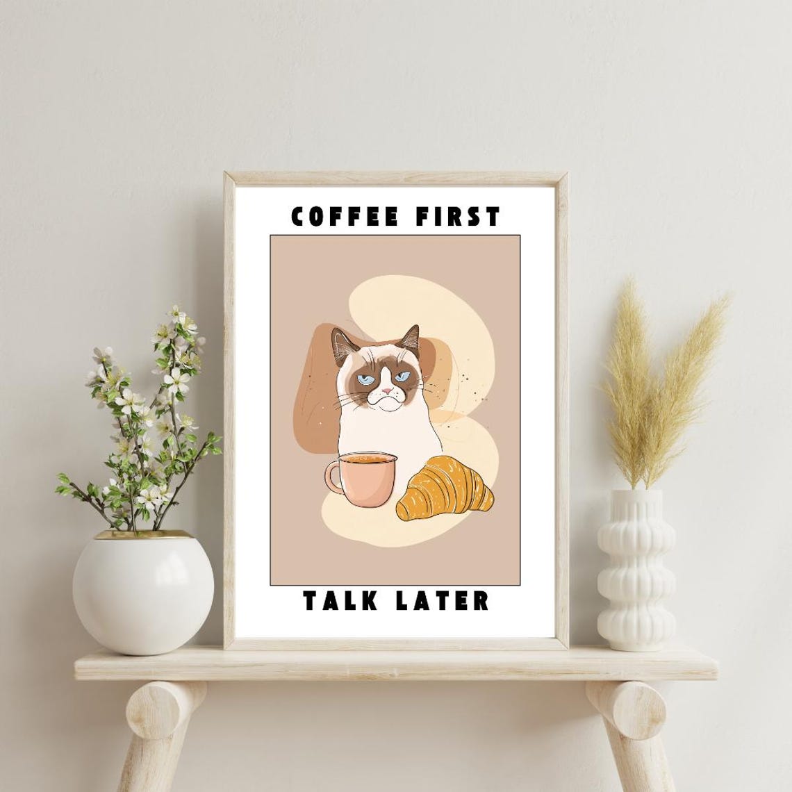 Coffee First Talk Later Funny Grumpy Cat Kitchen Quote Wall Art