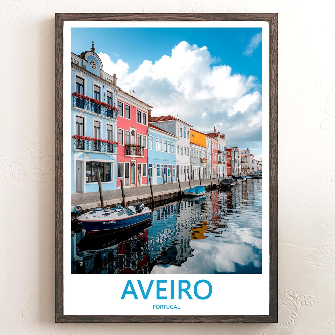 Aveiro Portugal Colorful Canal Houses Moored Boats Travel Poster