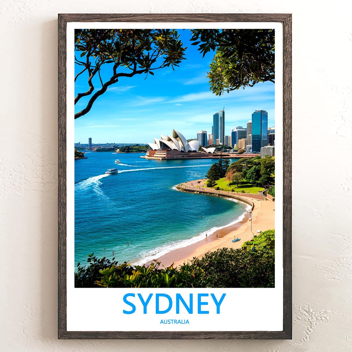Sydney Opera House Seen from a Sandy Beach with a Passing Ferry Poster