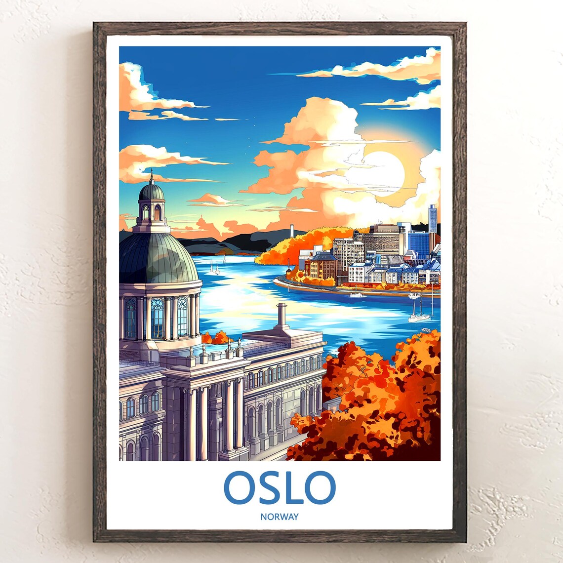 Oslo Autumn Fjord Sunset with Domed Building Travel Wall Poster