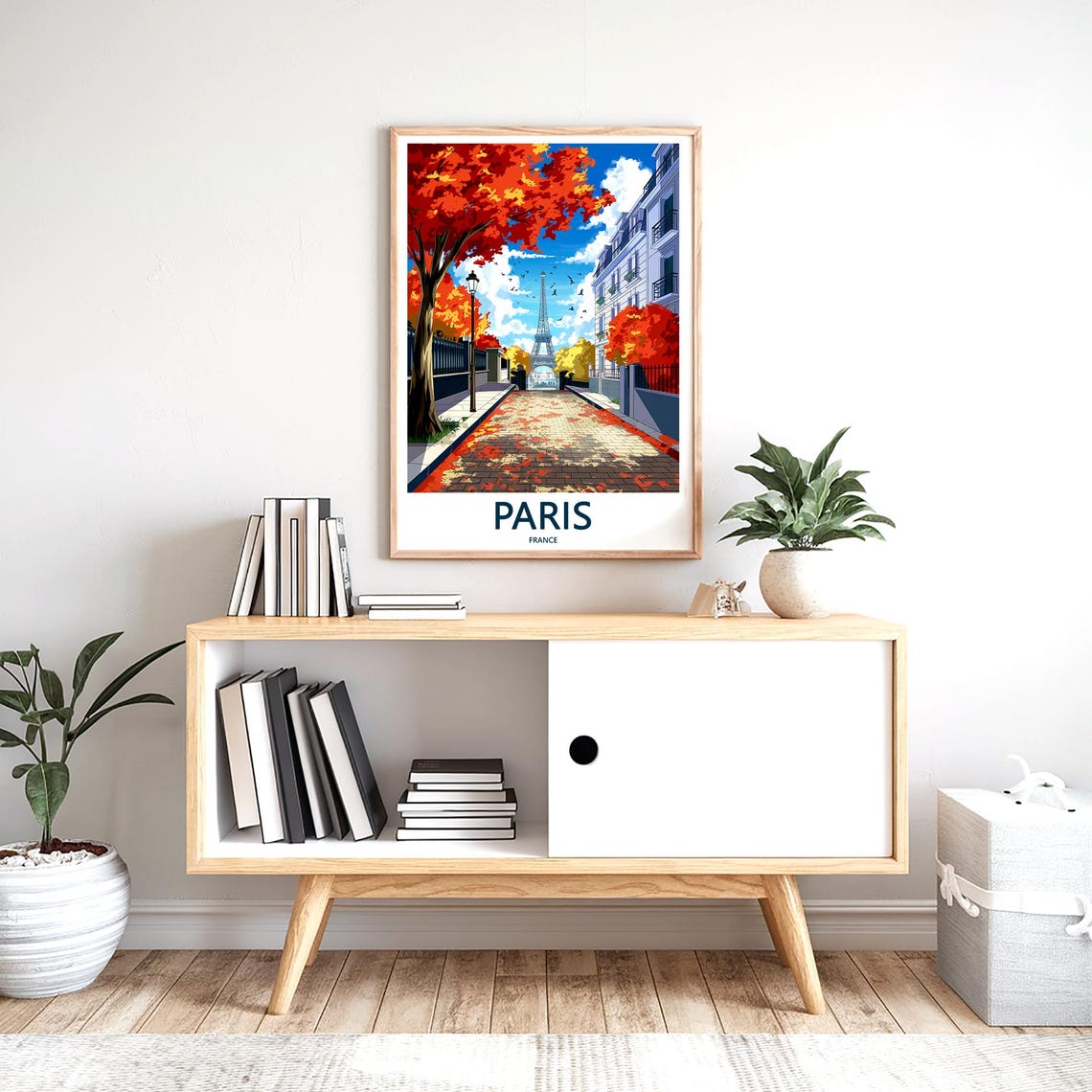 Eiffel Tower Ahead on a Brick Avenue Framed by Red Autumn Trees Poster - Image 2