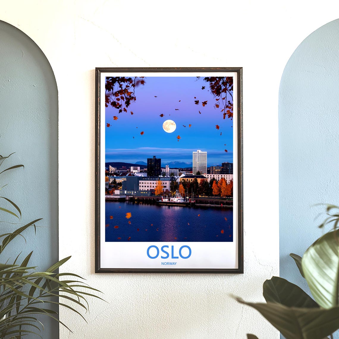 Oslo Moonlit Autumn Harbor with Falling Leaves Travel Poster - Image 3