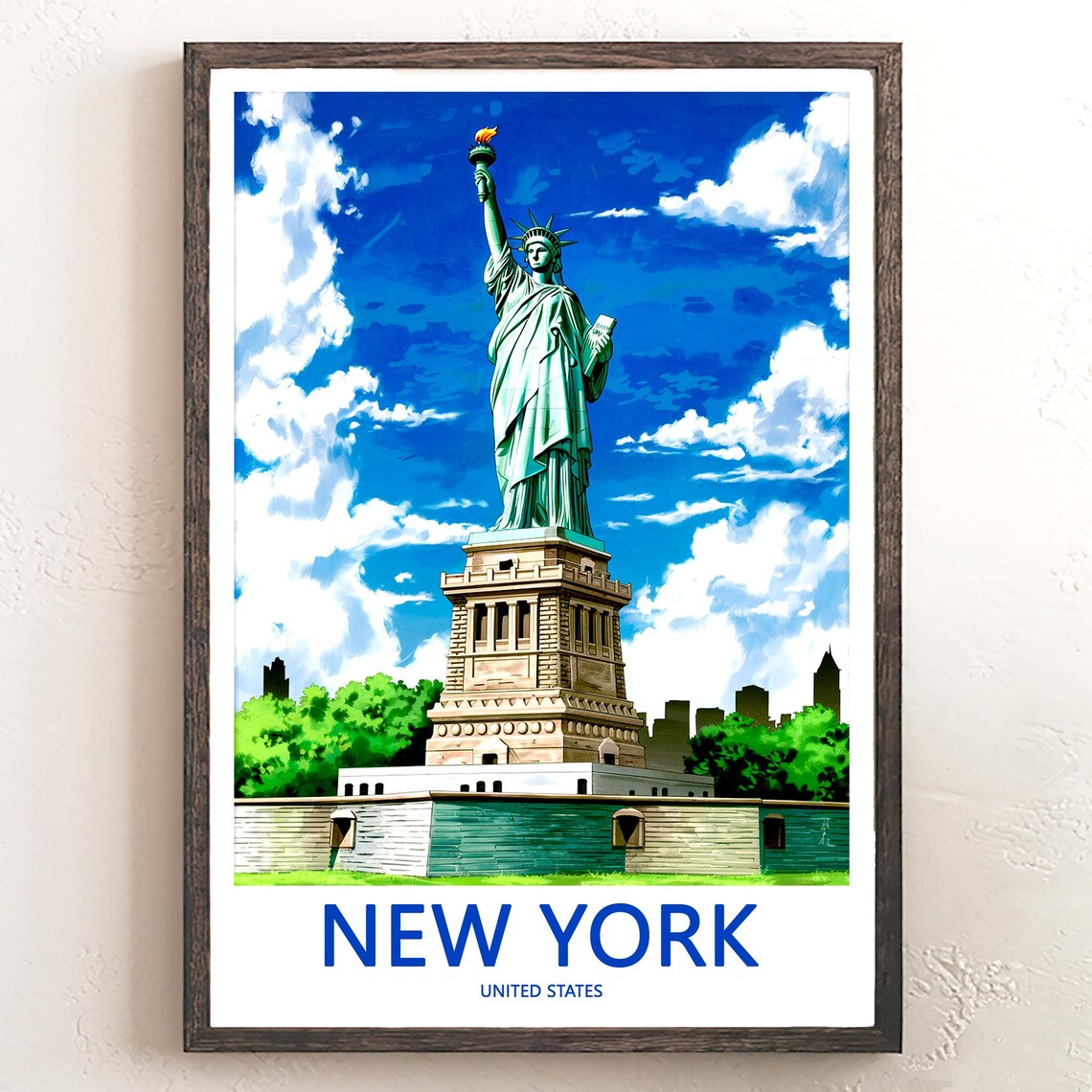 New York Statue of Liberty Harbor Monument Blue Sky Travel Poster