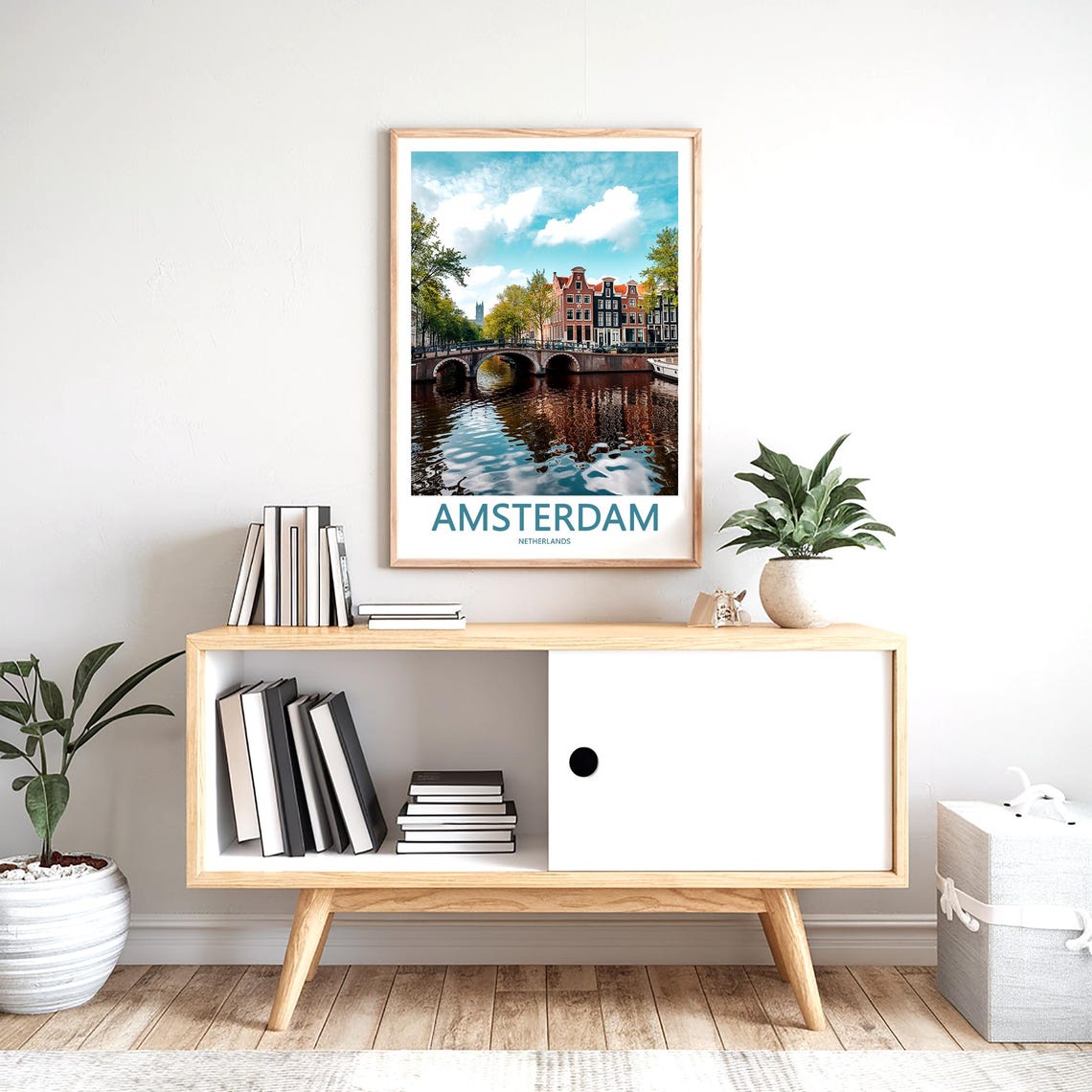Amsterdam Photo of Triple Arch Stone Bridge Red Roofs and Boat Poster - Image 2