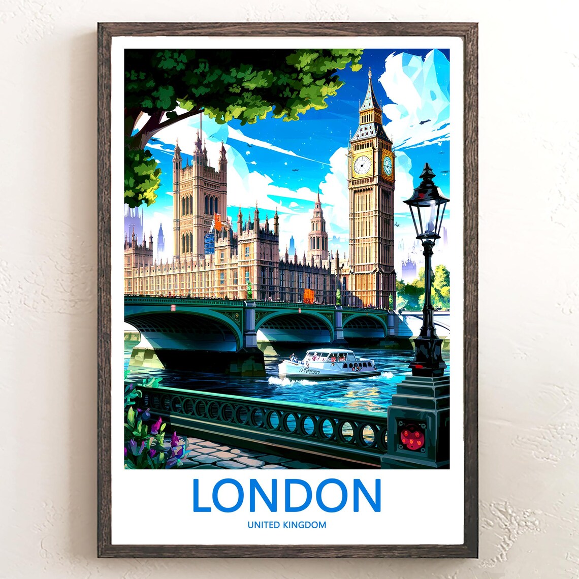 Big Ben and Westminster Bridge Tour Boat Illustration Poster