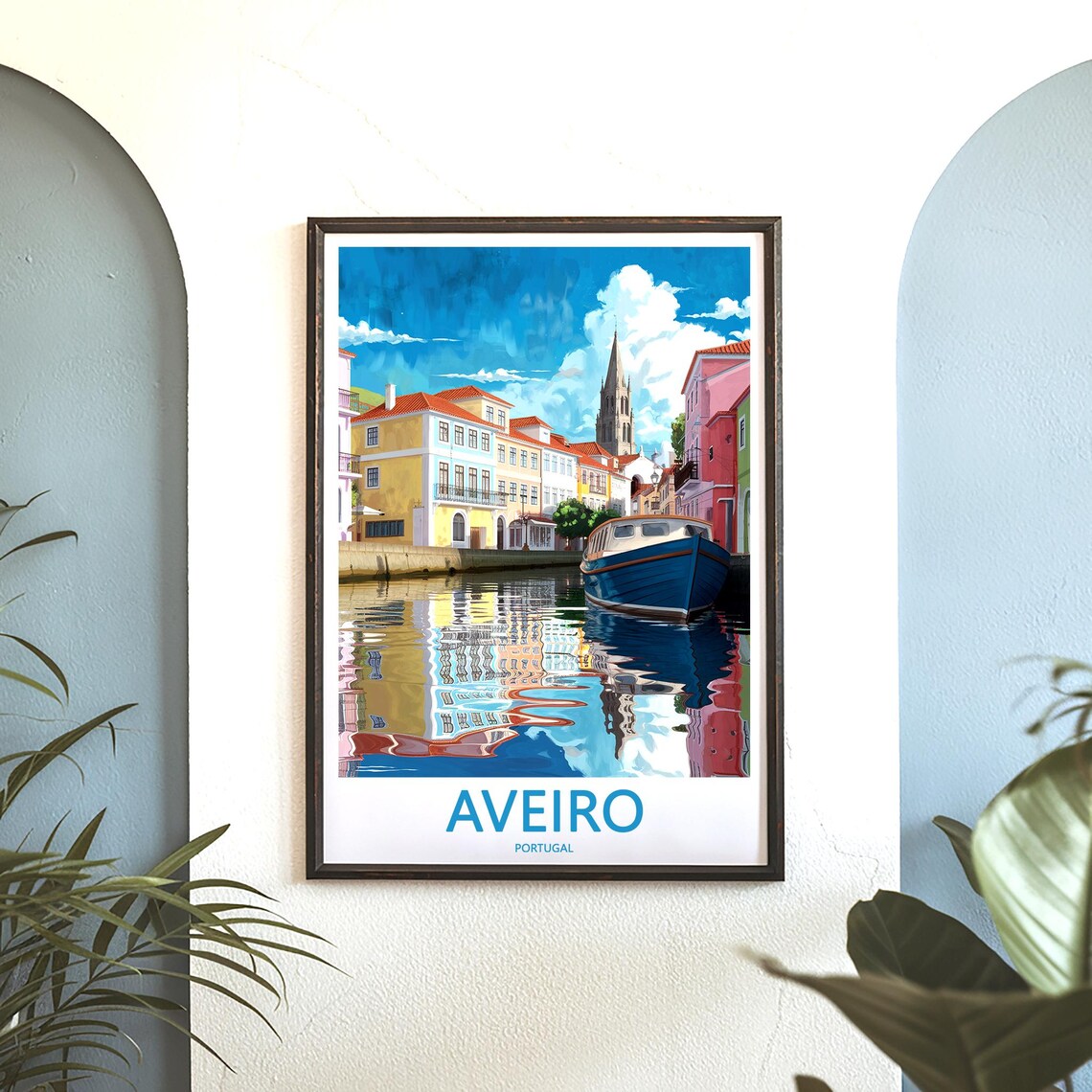 Aveiro Portugal Illustrated Canal Blue Boat Church Tower Travel Poster - Image 3
