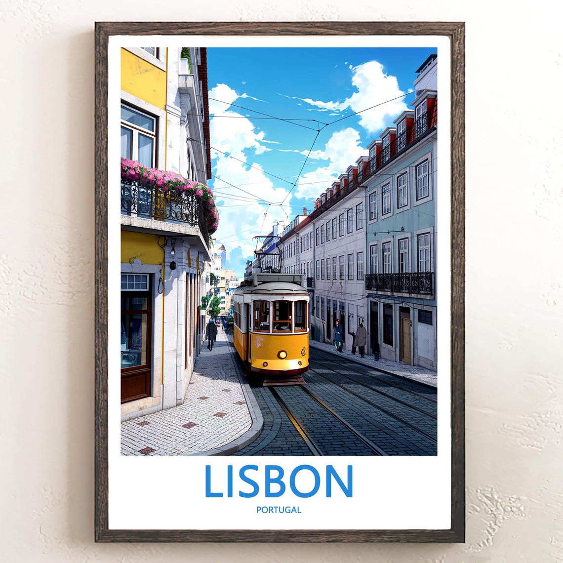 Lisbon Vintage Yellow Tram Alfama Street Bright Blue Sky Poster