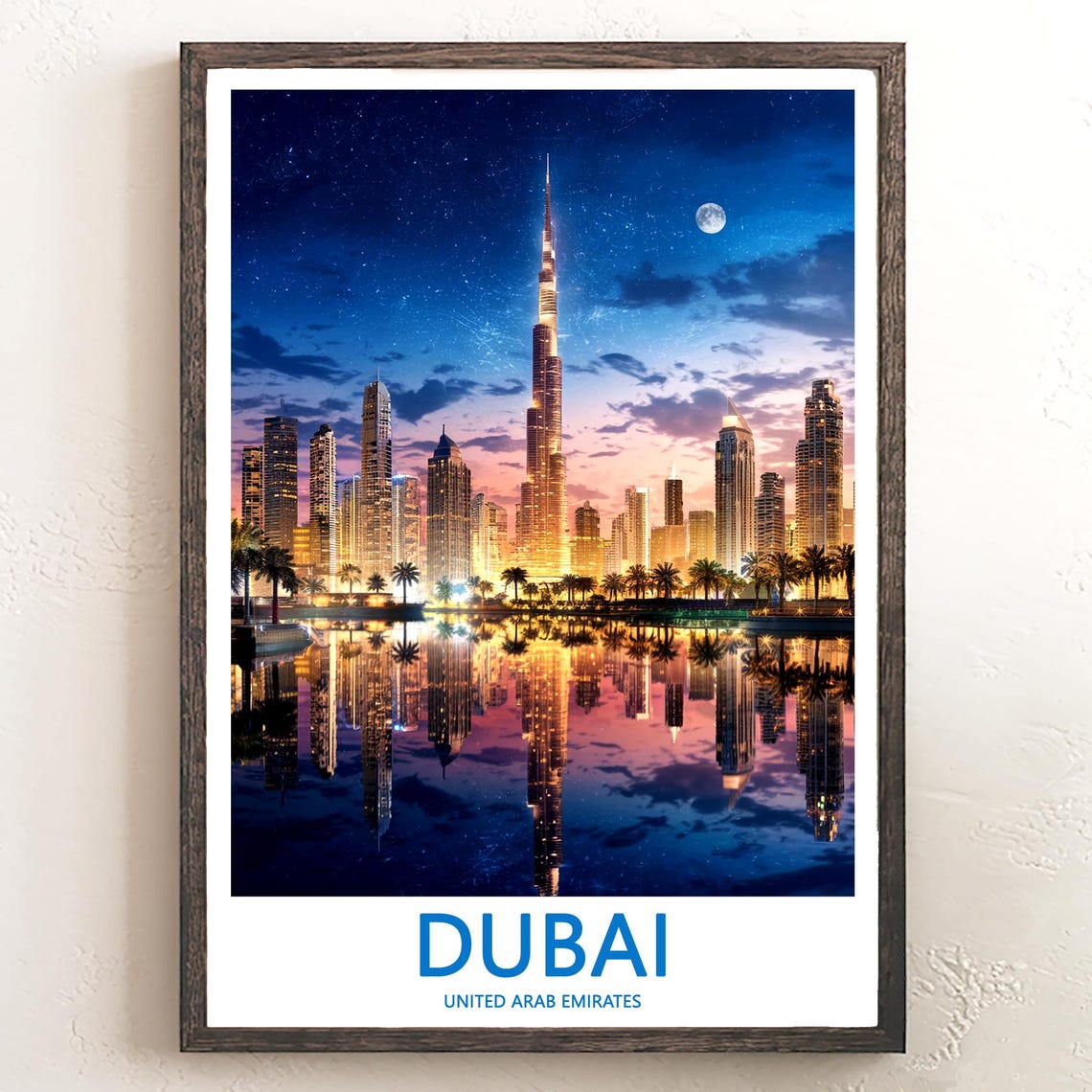 Dubai Dusk Skyline Mirror Reflection Under Small Moon Travel Poster