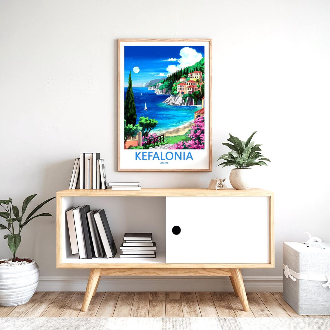 Kefalonia Greece Moonlit Cove Pink Flowers Garden Terrace Poster - Image 2