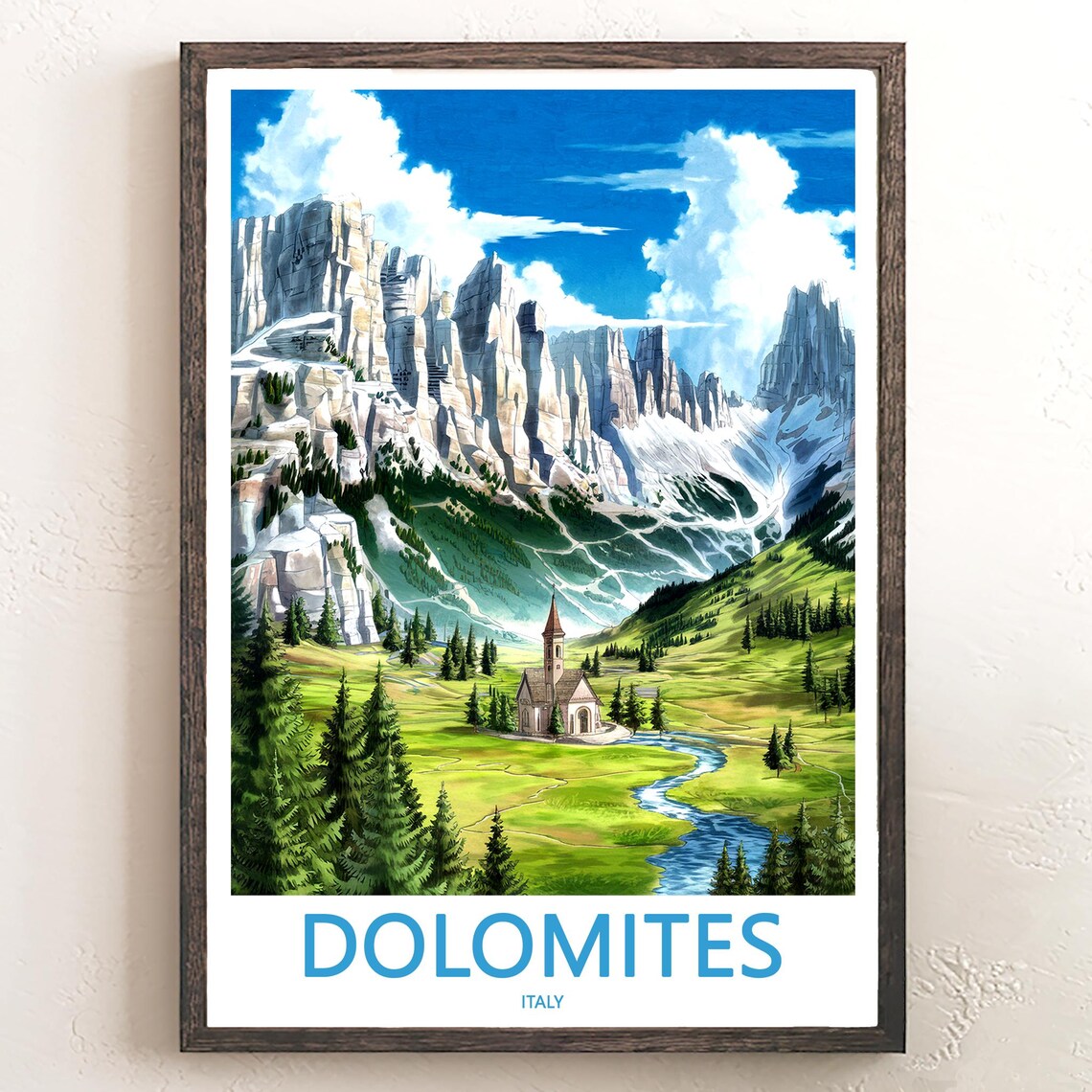 Dolomites Valley Church with Winding River Italy Travel Poster