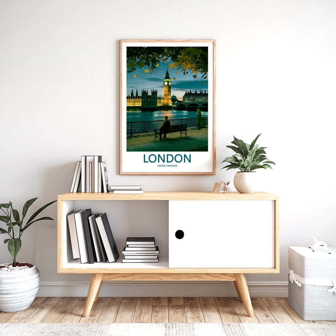 Big Ben at Dusk with a Lamp Lit Riverside Bench Scene Poster - Image 2