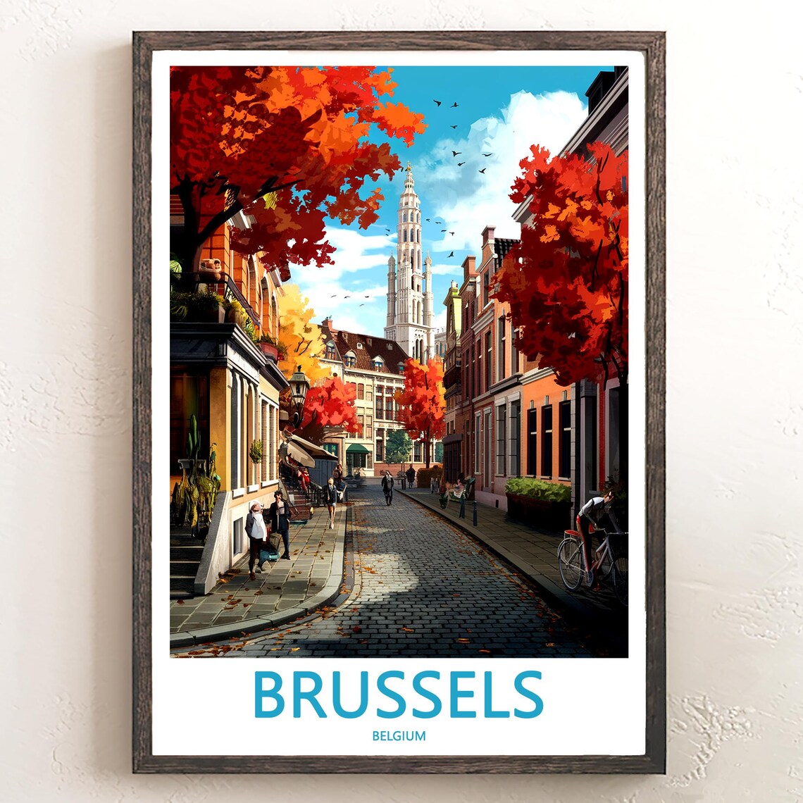 Brussels Belgium Cobblestone Street Red Autumn Trees Scene Poster