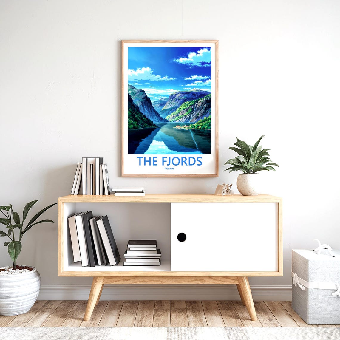 The Fjords Norway Bright Blue Stylized Green Cliffs Travel Poster - Image 2
