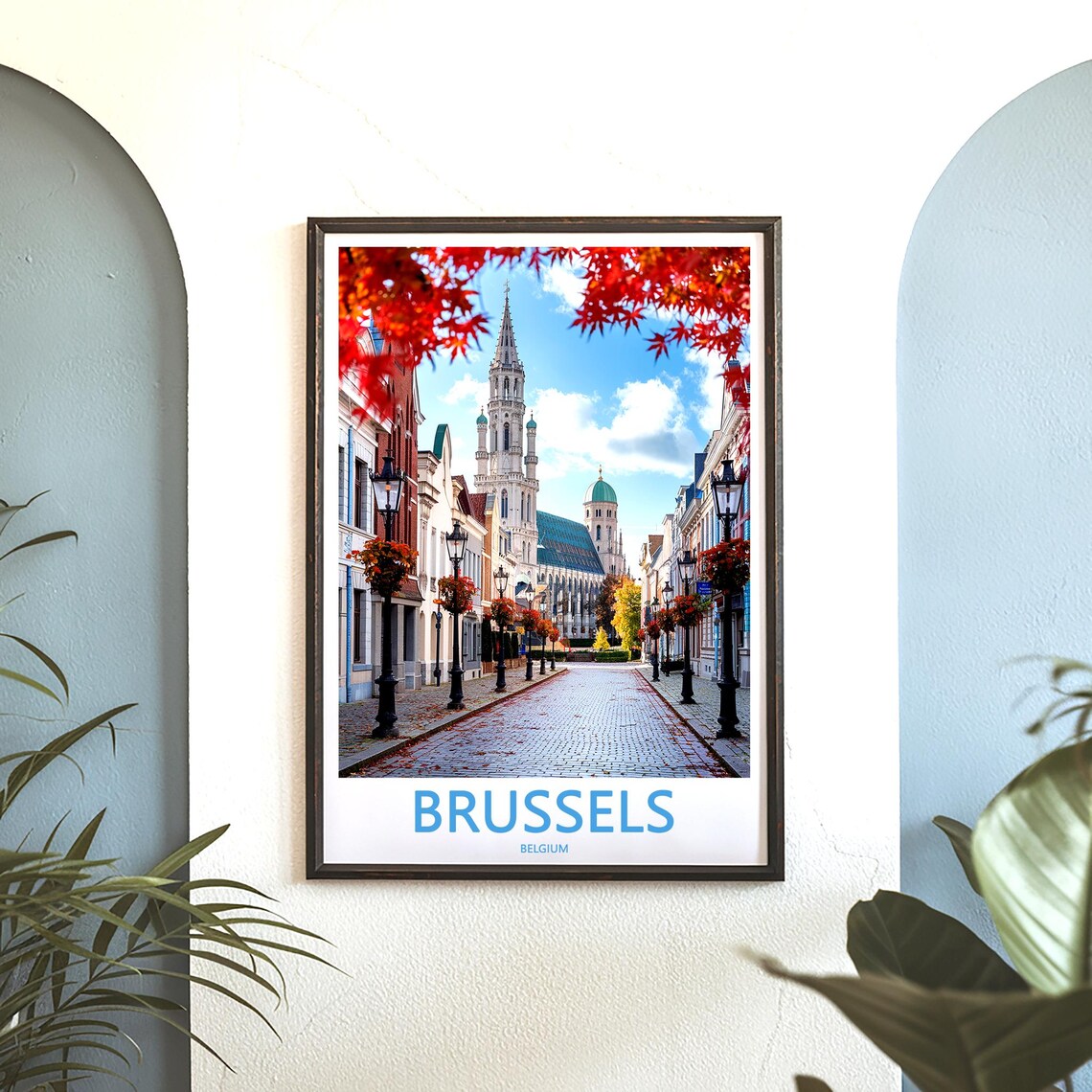 Brussels Belgium Church Spire Autumn Street Scene Travel Poster - Image 3