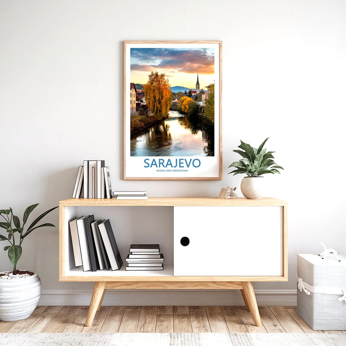 Sarajevo River Sunset with Willow Trees and Church Spire Poster - Image 2