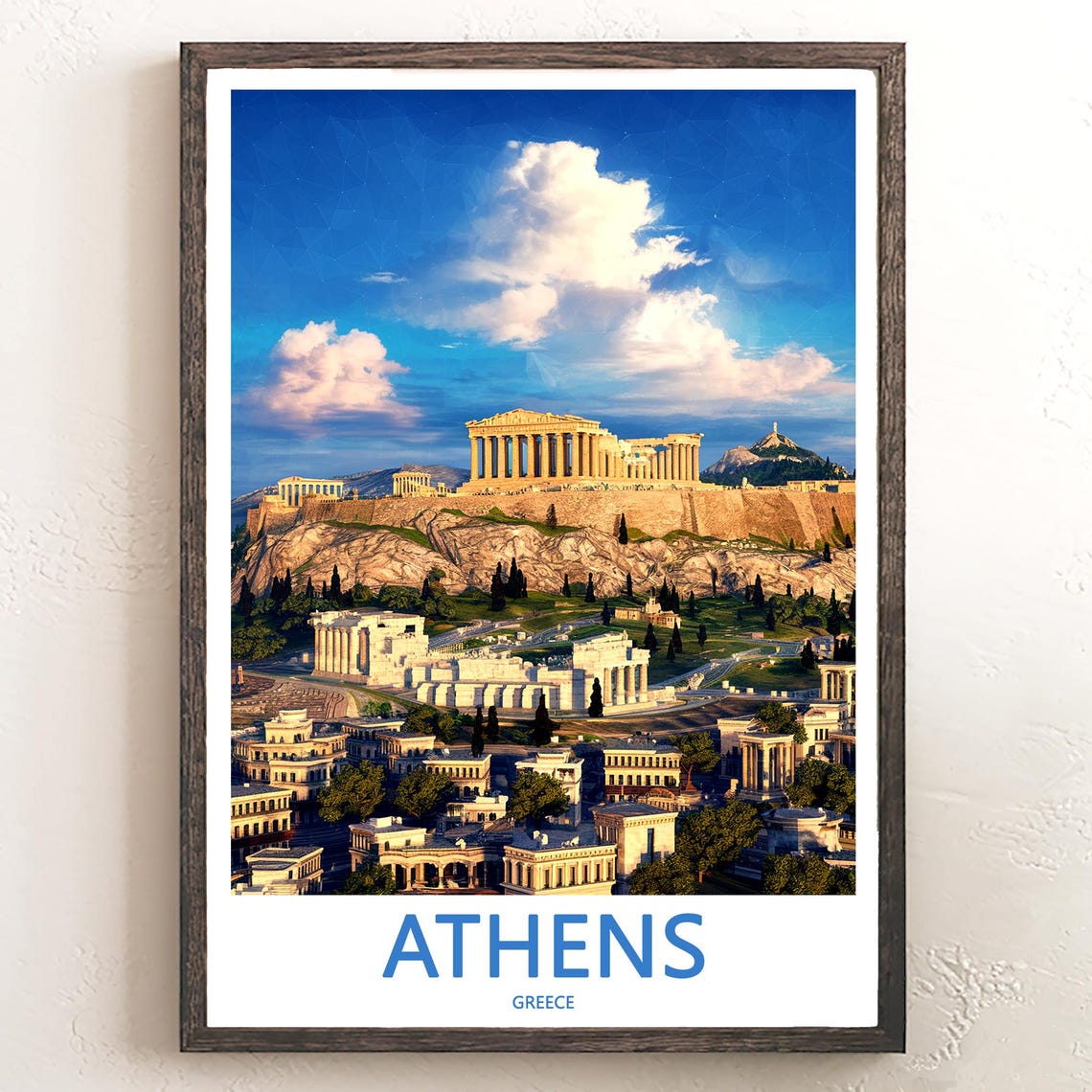 Athens Acropolis Sunset Over Lycabettus Hill Illustrated Poster